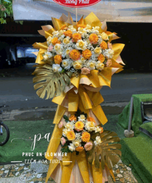 kệ hoa khai trương hoa hồng cam hoa hồng kem sang trọng chúc mừng khai trương phát tài phát lộc – Hoa Tươi Phúc An