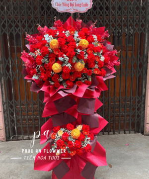 kệ hoa khai trương đỏ sang trọng hoa hồng đỏ hoa ping pong vàng chúc mừng khai trương phát tài phát lộc – Hoa Tươi Phúc An