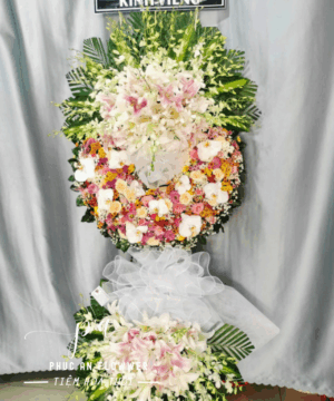 Vòng hoa chia buồn tông hồng trắng phối lan và hoa hồng thiết kế hai tầng trang nhã