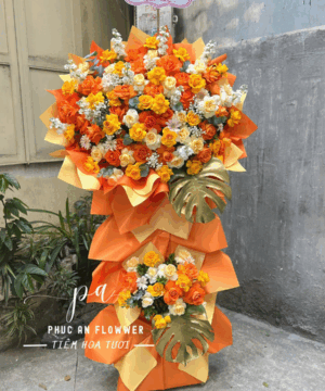 kệ hoa khai trương tông cam vàng rực rỡ hoa hồng cam hoa hồng vàng sang trọng chúc mừng khai trương phát đạt – Hoa Tươi Phúc An