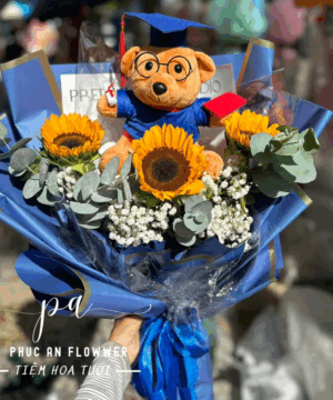Bó hoa hướng dương tốt nghiệp, hoa chúc mừng ra trường, hoa tặng cử nhân, hoa gấu tốt nghiệp, hoa tông xanh vàng sang trọng, hoa chúc mừng thành công