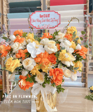 lẵng hoa sinh nhật hồng cam lan hồ điệp trắng sang trọng tặng sếp, hoa chúc mừng sinh nhật cao cấp tone cam vàng, bình hoa sinh nhật đẹp sang trọng - Hoa Tươi Phúc An