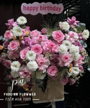 Giỏ hoa sinh nhật hồng trắng sang trọng chúc mừng happy birthday - Hoa Tươi Phúc An