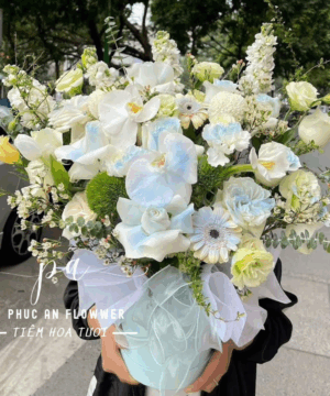 giỏ hoa lan hồ điệp trắng xanh thanh lịch sang trọng - Hoa Tươi Phúc An