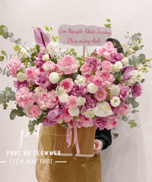giỏ hoa hồng pastel tông hồng tím sang trọng phong cách tự nhiên tặng sinh nhật chúc mừng tinh tế - Hoa Tươi Phúc An