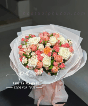 Bó hoa hồng trắng phối hồng cam đào và hồng chùm đẹp