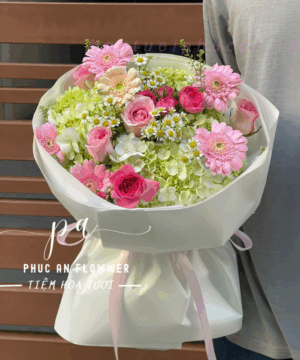 bó hoa hồng pastel cẩm tú cầu xanh