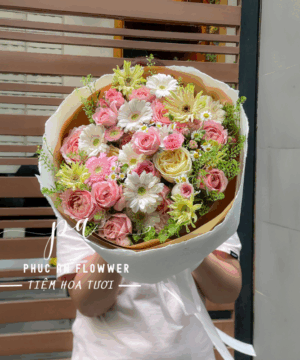 bó hoa hồng pastel đồng tiền trắng thanh lịch
