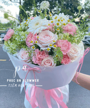 bó hoa hồng phấn cẩm chướng cúc tana dịu dàng